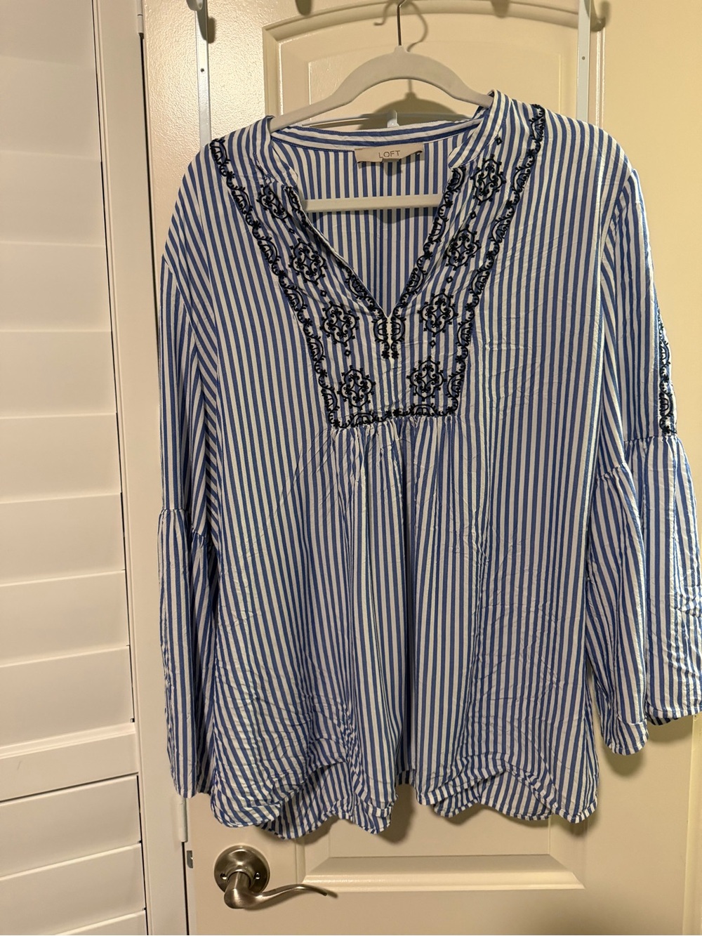 LOFT Blue & White Striped Embroidered V-Neck Tunic